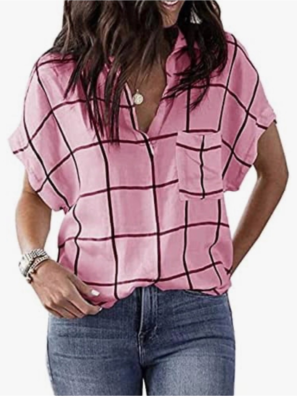 Zulily NWOT Window Pane Oversized V-Neck Collared Blouse with Front Pocket